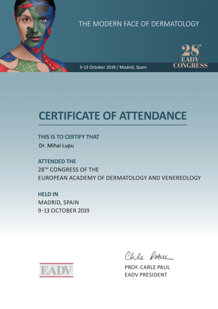 certificate of attendance EADV Congress Madrid 2019